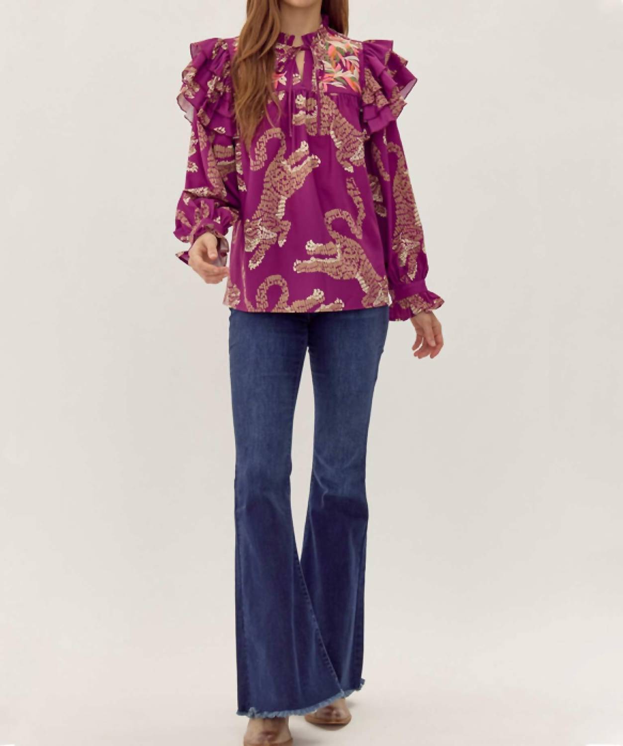 Jodifl - Tiger Print Ruffle Sleeve Top
