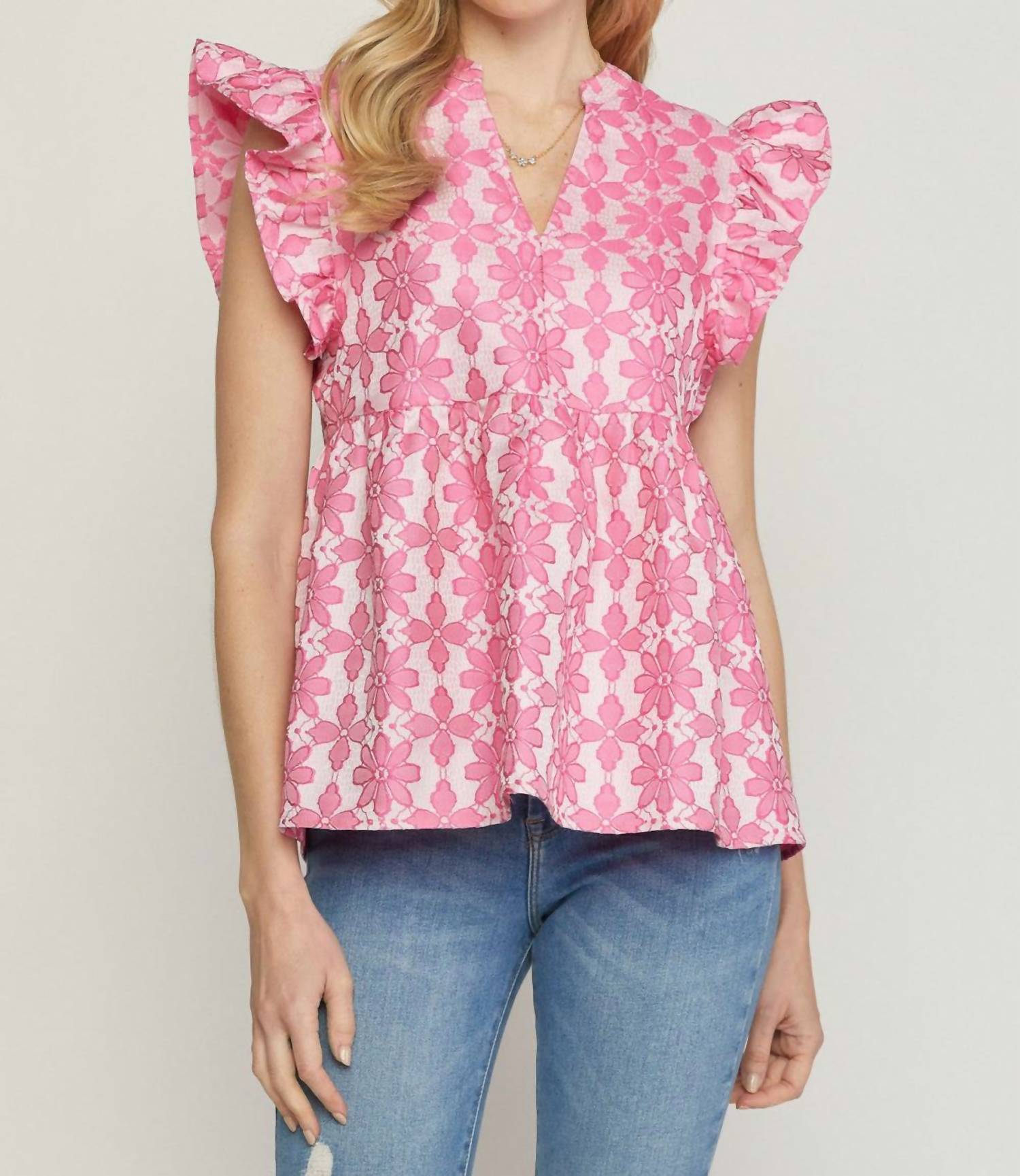 entro Floral Jacquard Ruffle Top in pink - women's blouse - view 5