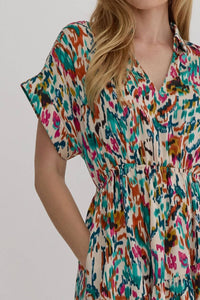 Entro - Satin V-neck Collared Midi Dress