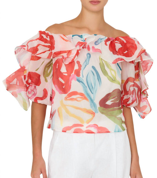 Milly - Floraison Rouge Organza Ruffle Top