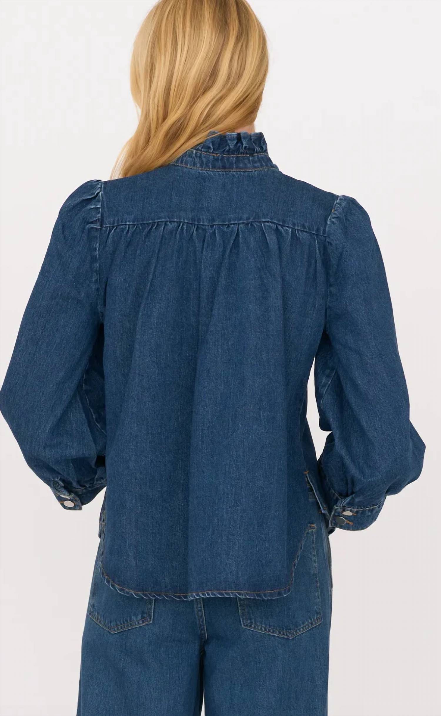 SECULAR Rene Shirt in denim in dark wash denim - women's shirt - detail view
