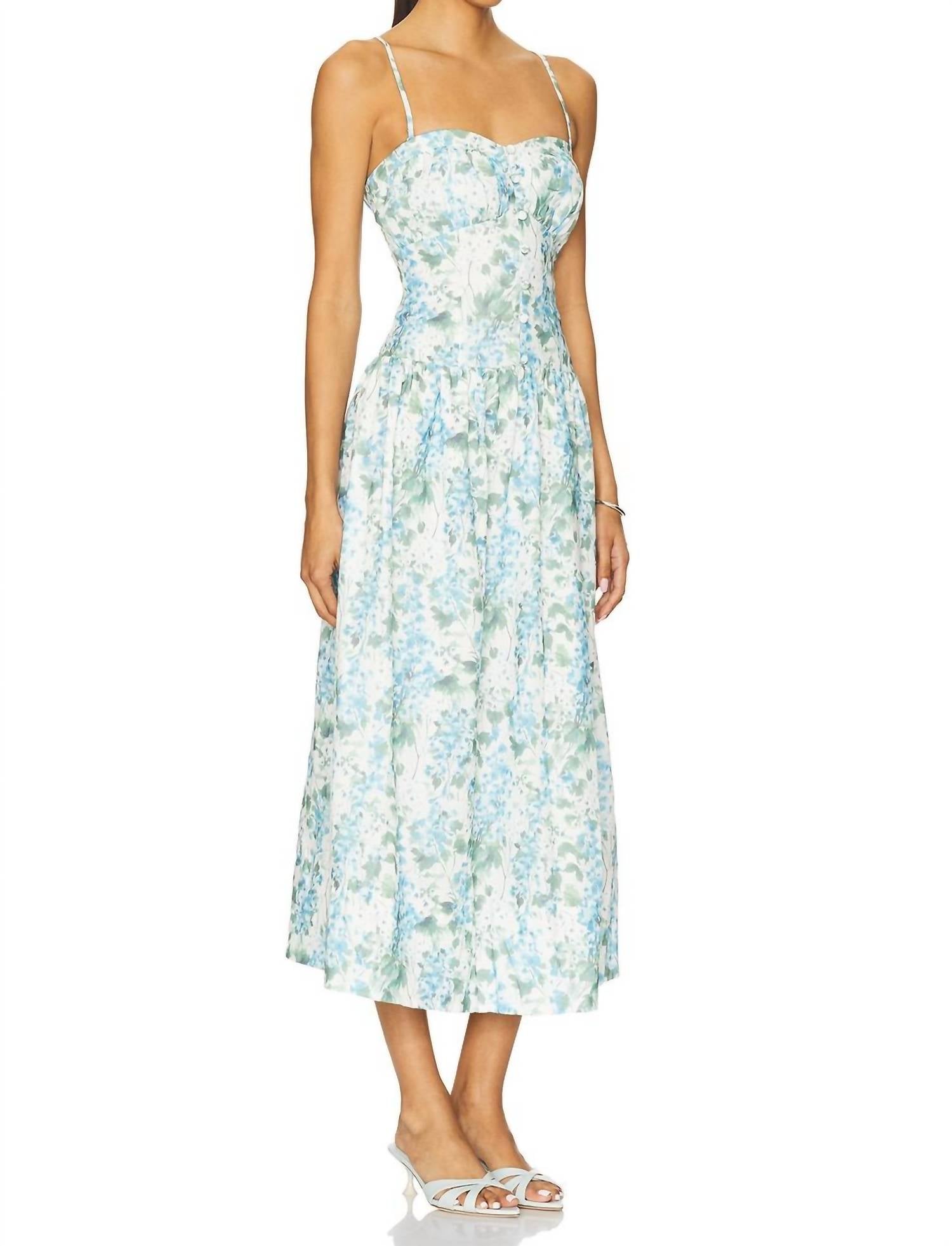 ASTR Capria Midi Dress in blue green floral - women's dress - detail view
