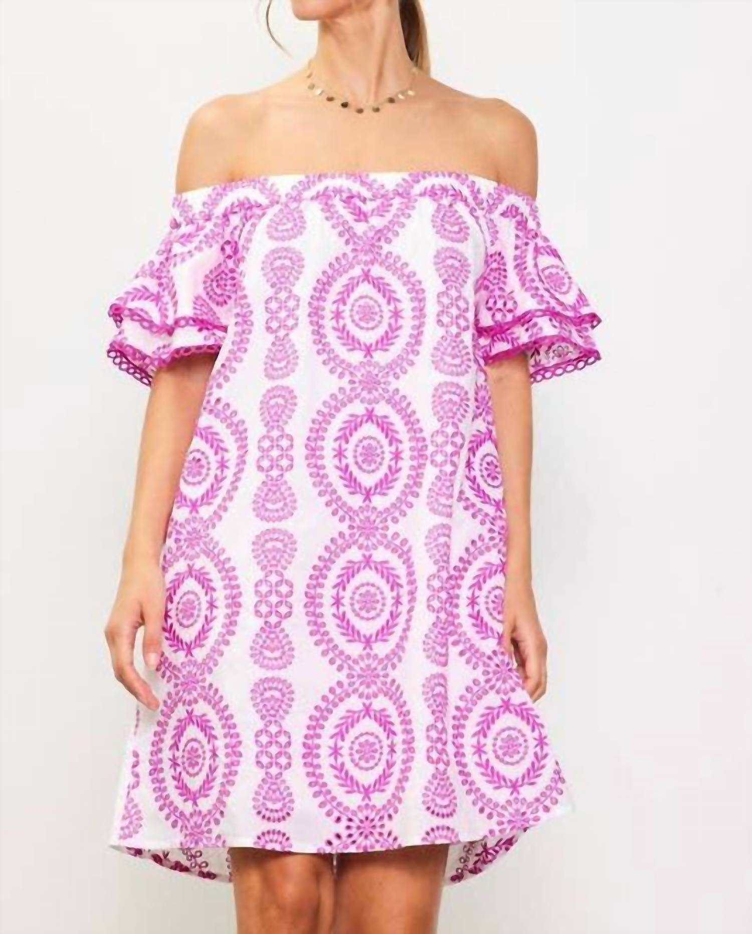 Skies Are Blue - Embroidered Eyelet Off-shoulder Dress