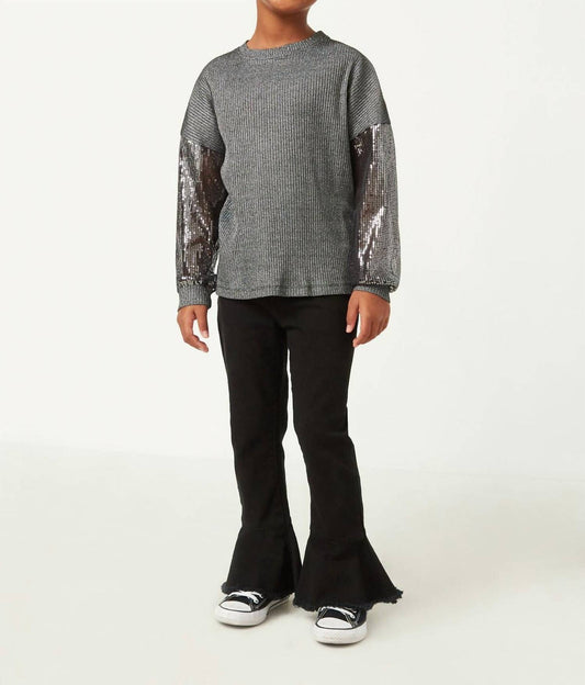 Hayden La - Sequin Sleeve Metallic Rib Long Sleeve Top