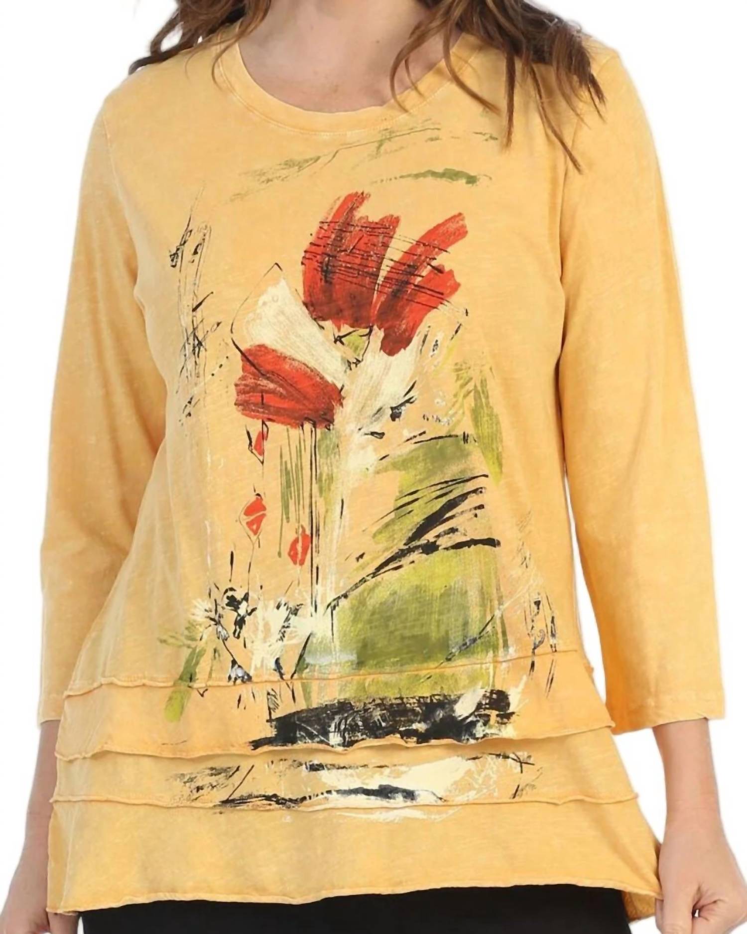 Jess & Jane Celine Mineral Washed Cotton Layered Top in wheat - women's blouse - detail view