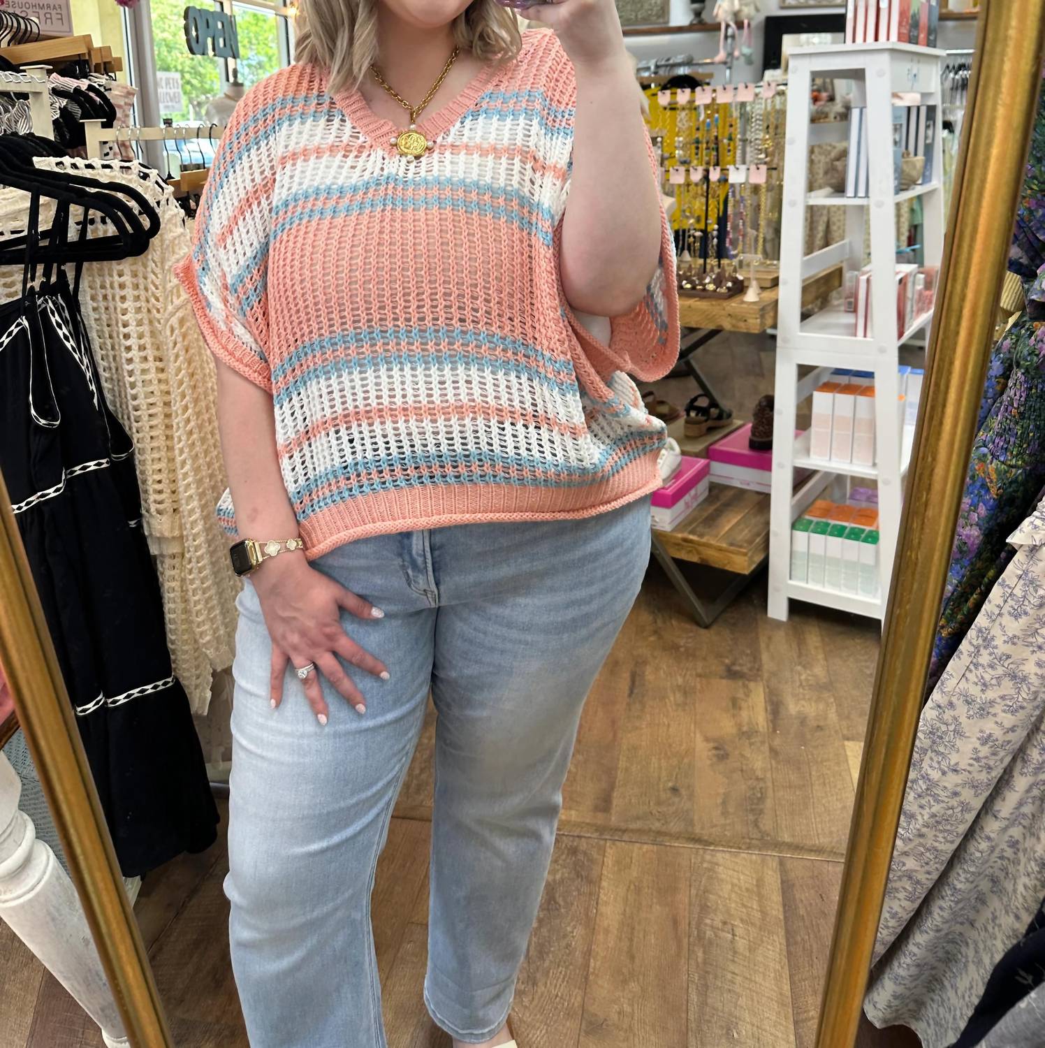 Pol - Stripe Crochet Oversized Top