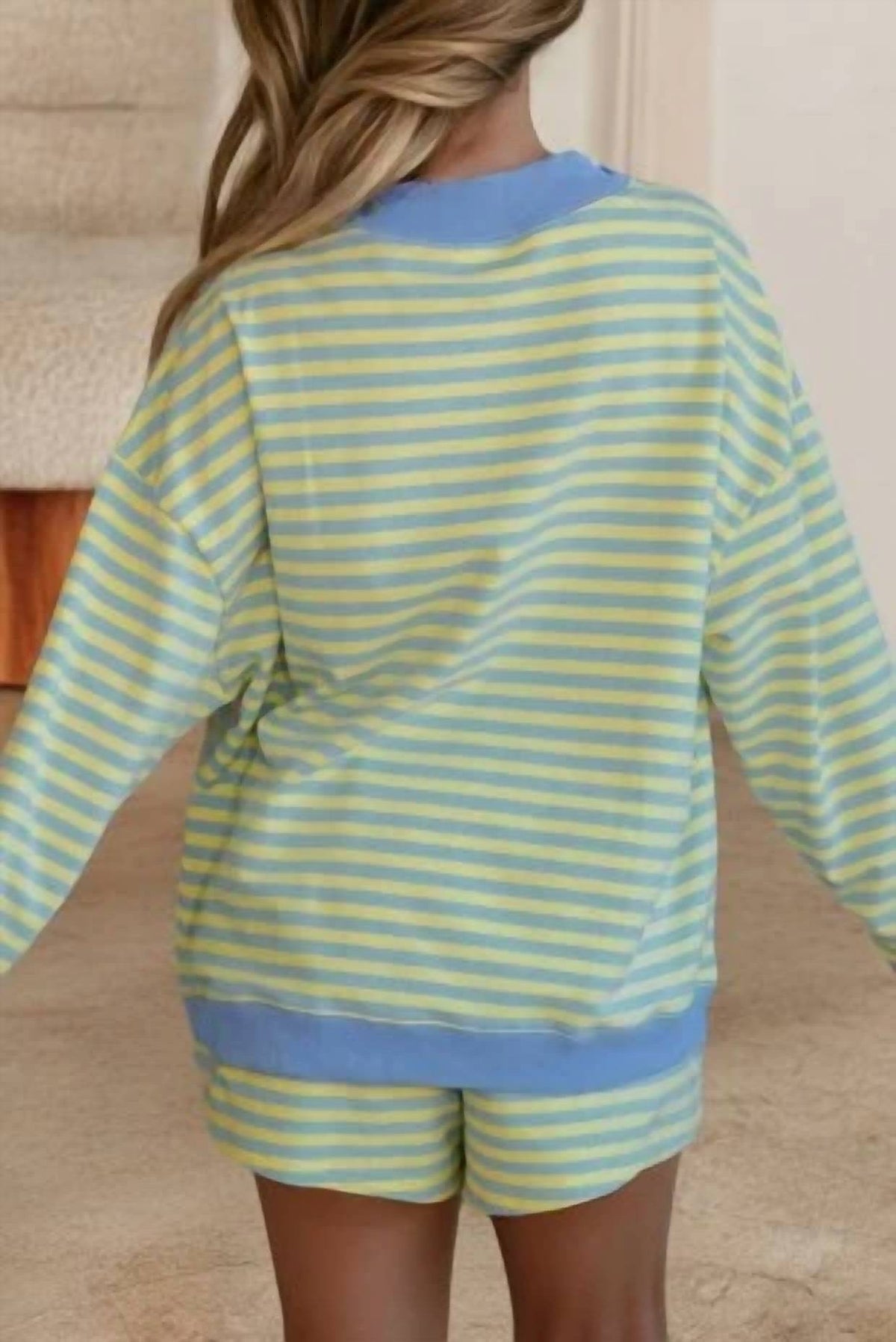 Shewin - Stripe Colorblock Pullover And Shorts Set