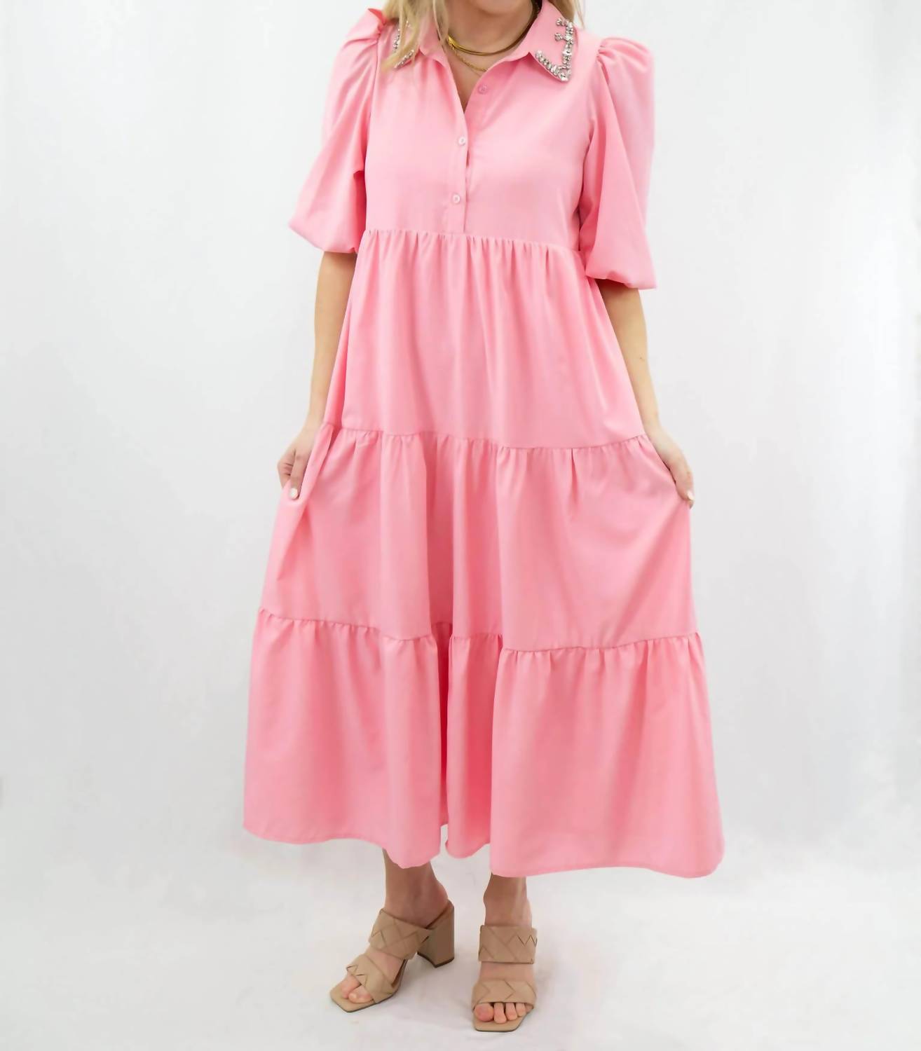 Tcec - Jeweled Collar Midi Tiered Shirt Dress
