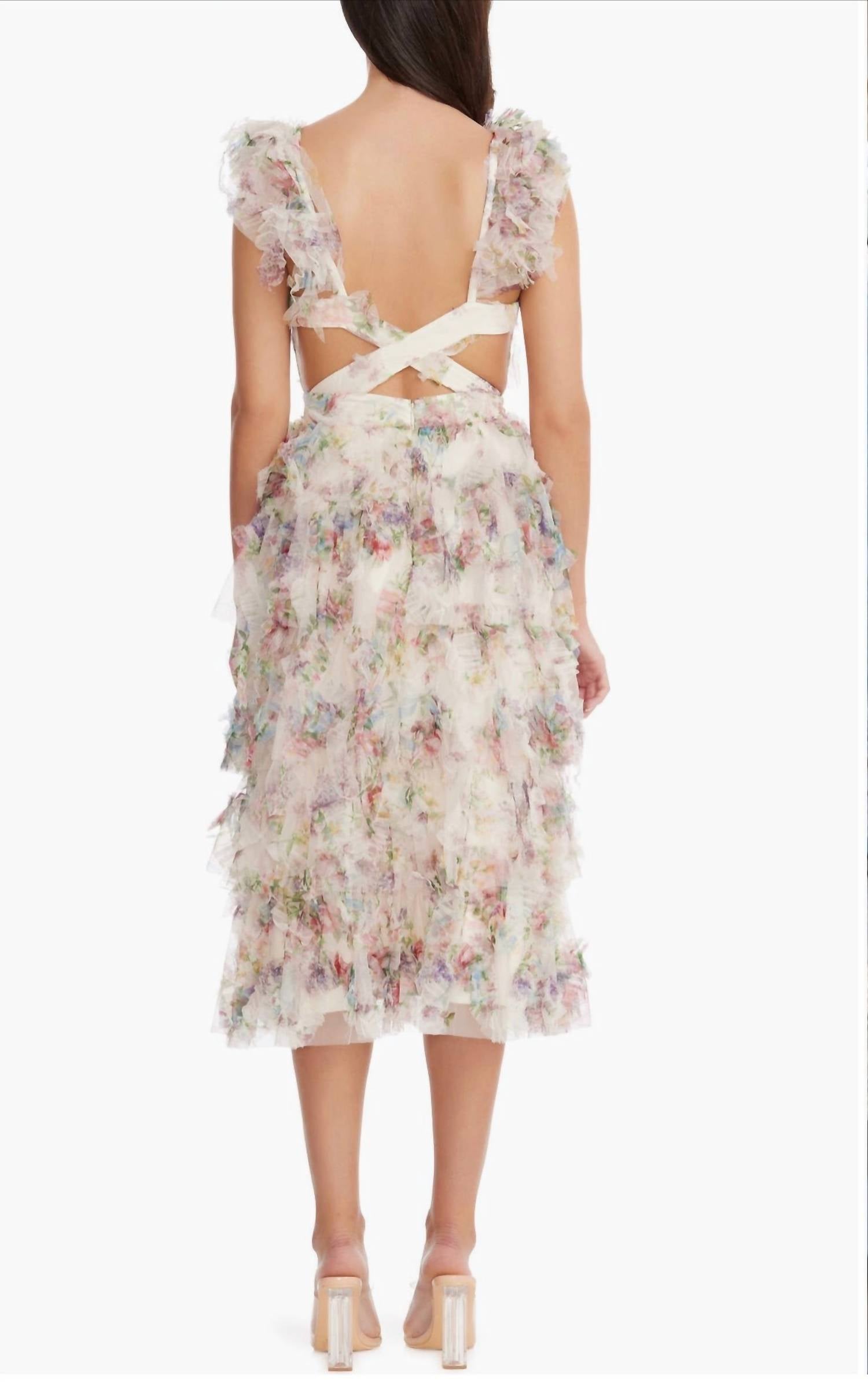 DRESS THE POPULATION Kristen Flutter Sleeve Ruffle Tier Dress in ivory multi - women's dress - detail view