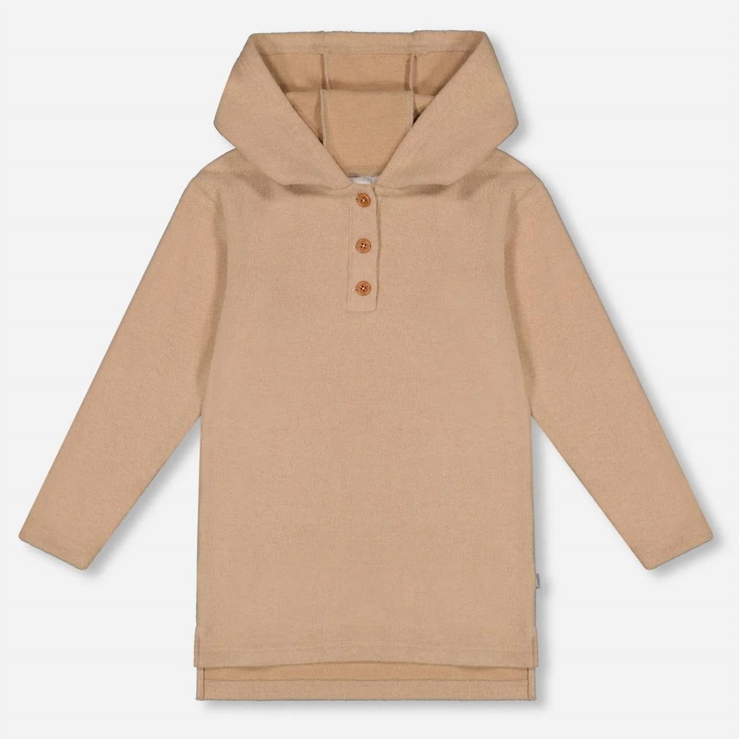 Deux par Deux Rib Hooded Tunic Top in beige - kids' hooded top - detail view