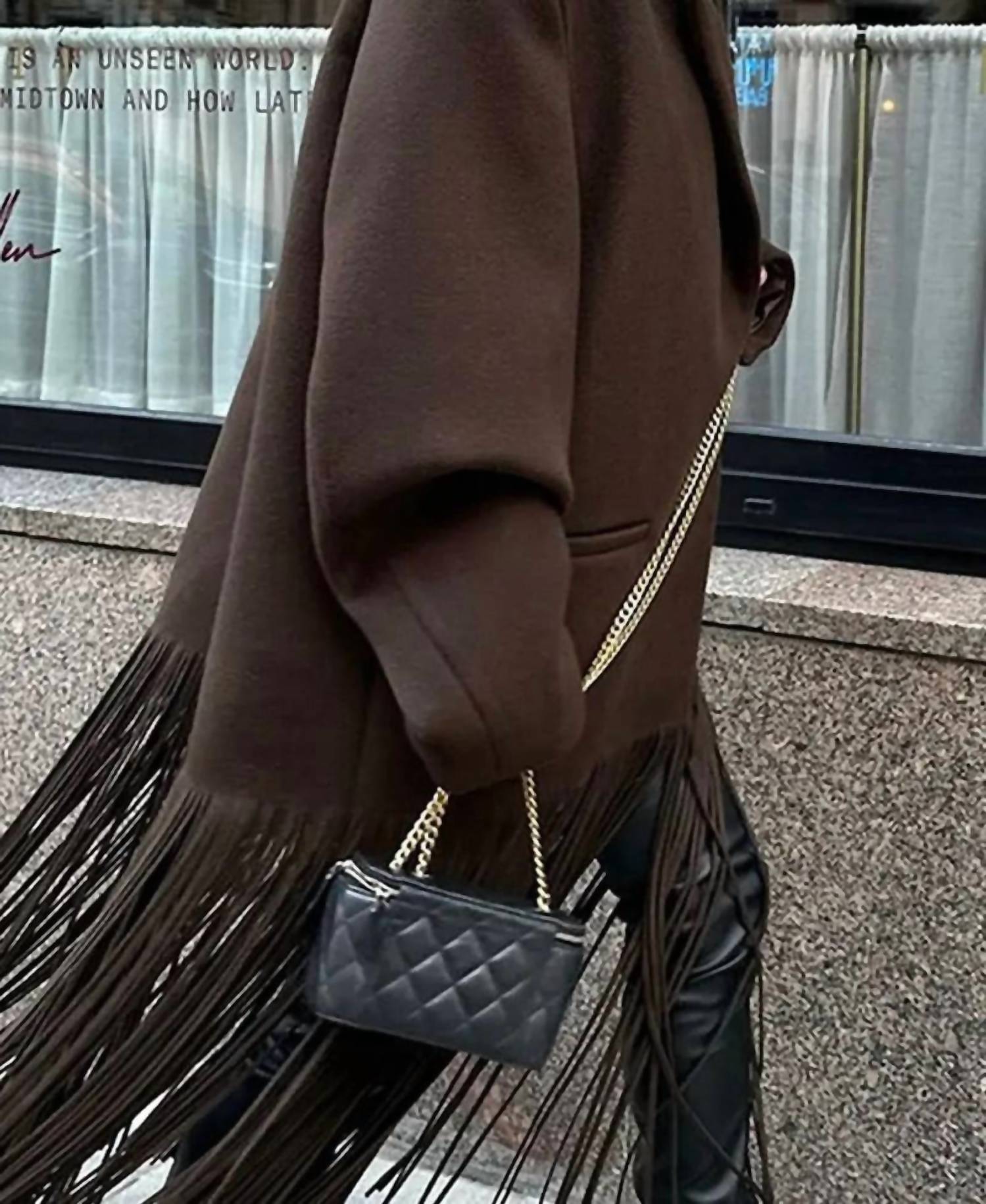 Mccolin Fringe Hem Tailored Coat in brown - women's jacket - detail view