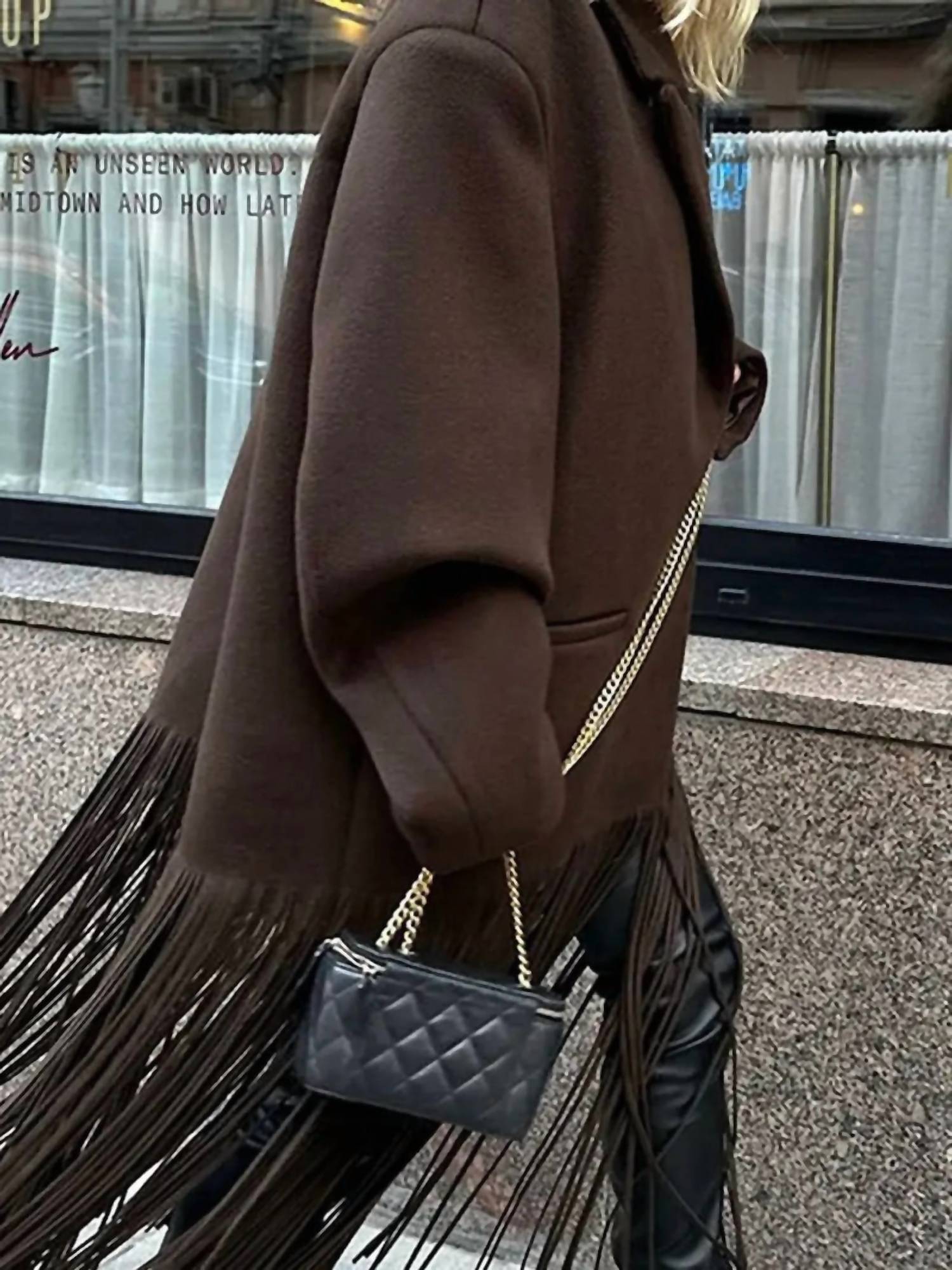 Mccolin Fringe Hem Tailored Coat in brown - women's jacket - alternate view
