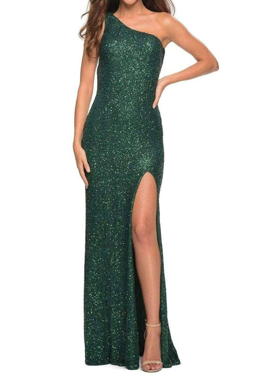 La Femme - Asymmetrical Neckline Single Shoulder Sequined Dress