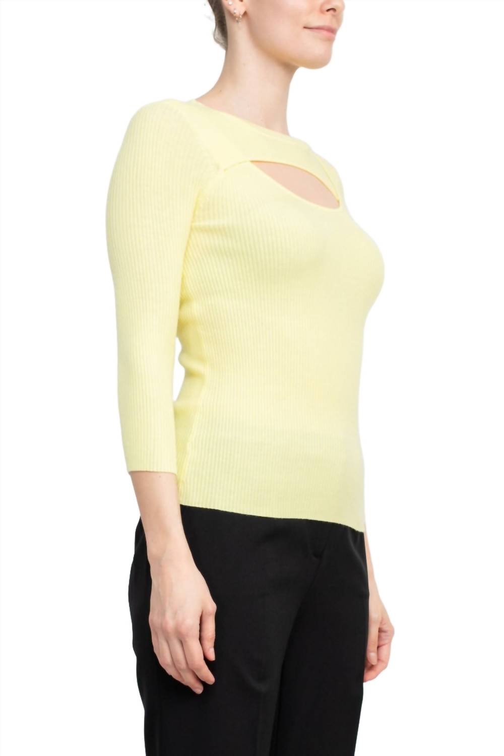Joan Vass - 3/4 Sleeve Ribbed Pullover Cutout Chest Detail Knit Top
