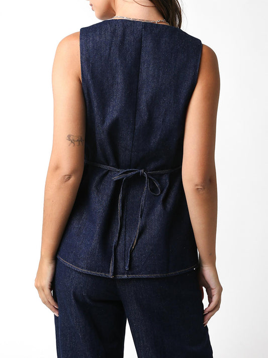 Olivaceous - Sleeveless Denim Button Front Vest Top