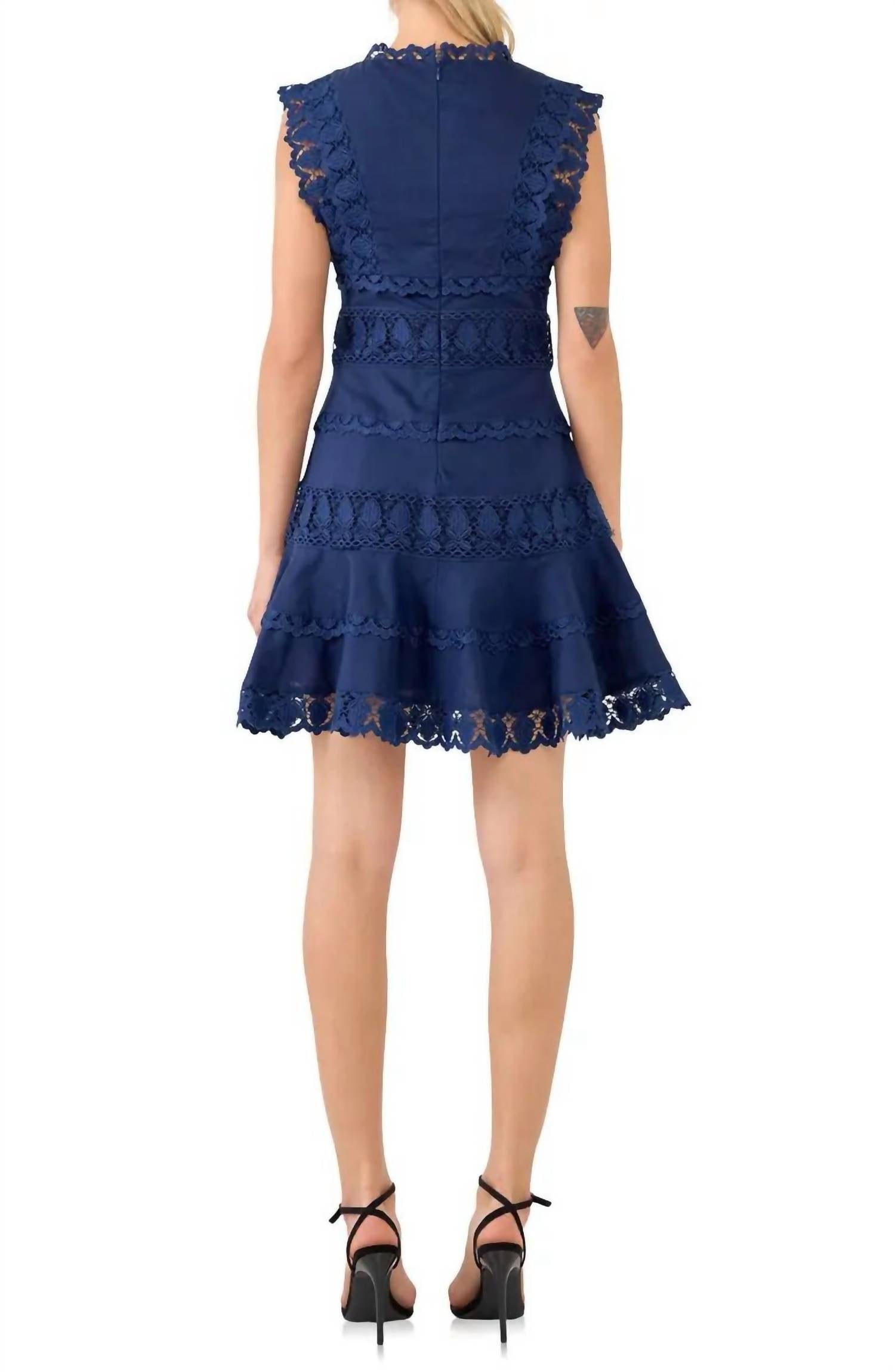 Endless Rose - Navy Plunging Neck Lace Trim Dress