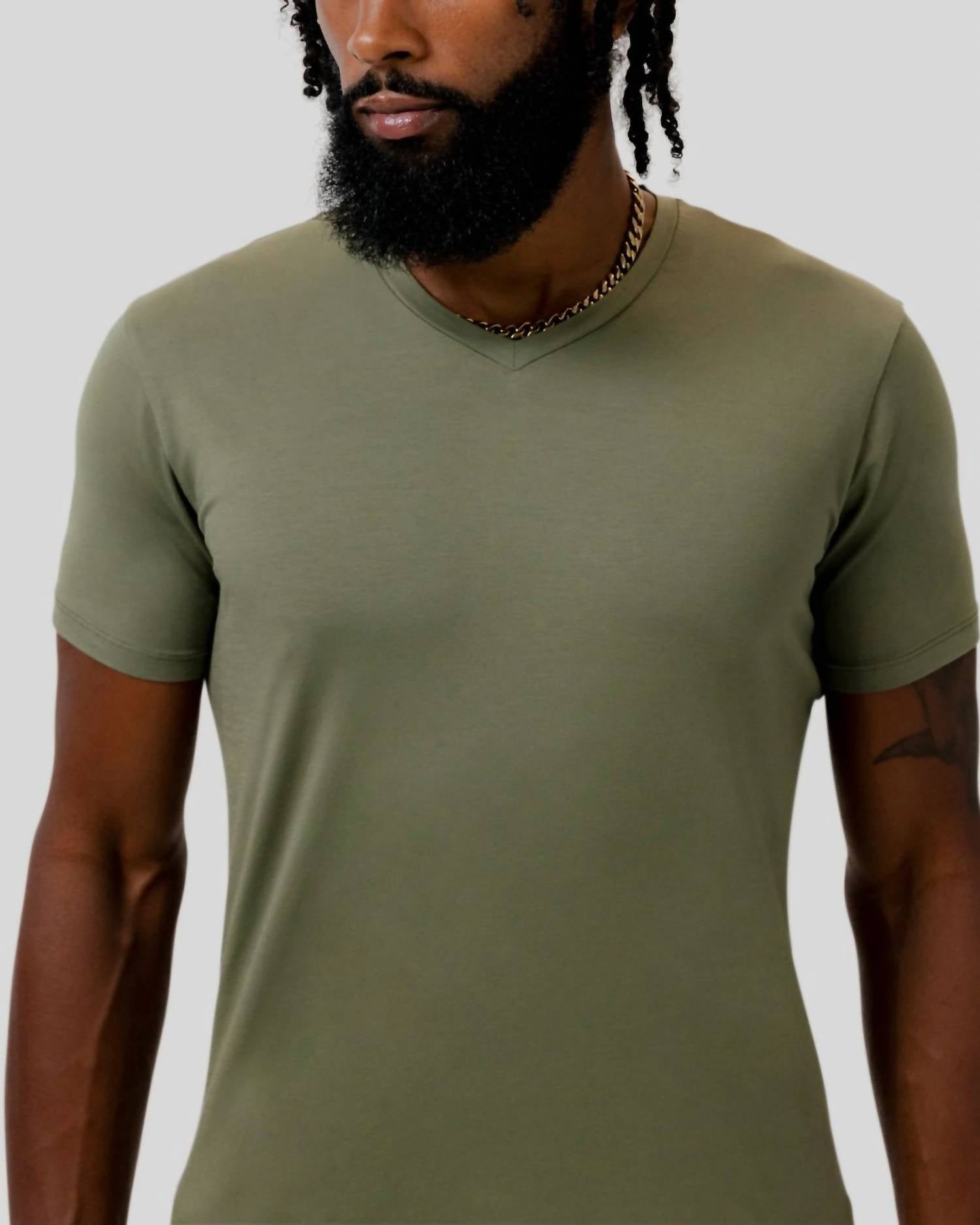Dezman V-neck Split Hem Tee in army - men's t-shirt