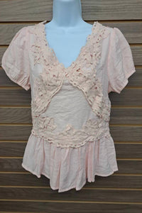 Kate C. - Women's Lace Ruffle Dble V Neck Half Zip Back