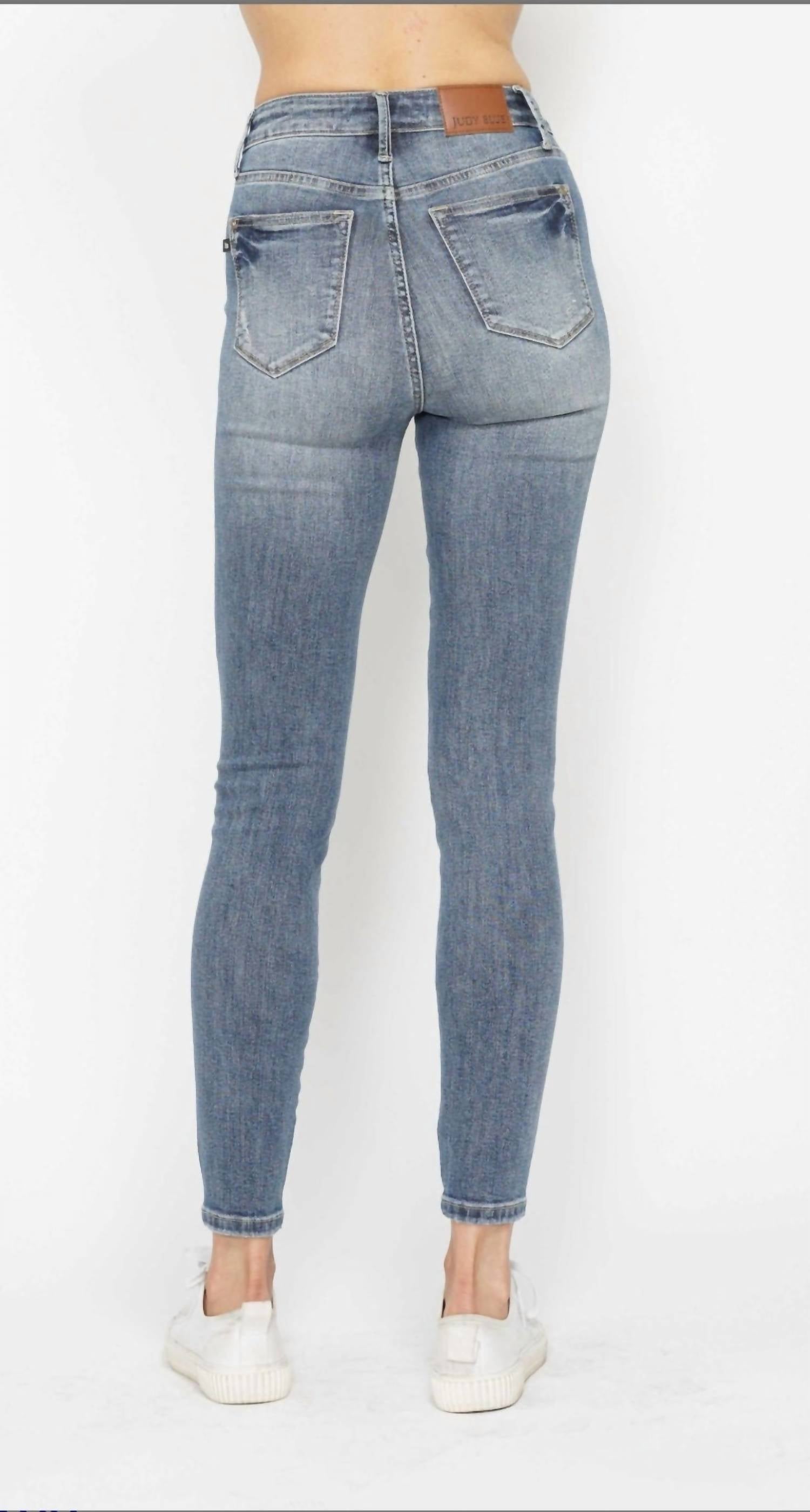 Judy Blue Tummy Control Contrast Wash Skinny Jeans in medium wash - women's jeans - alternate view
