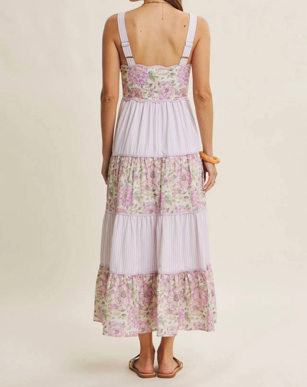 In February - Dreamy Ideal Florals And Stripes Tiered Midi Dress