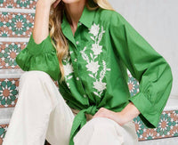 Karen Kane - Blouson Sleeve Embroidered Tie-Front Top