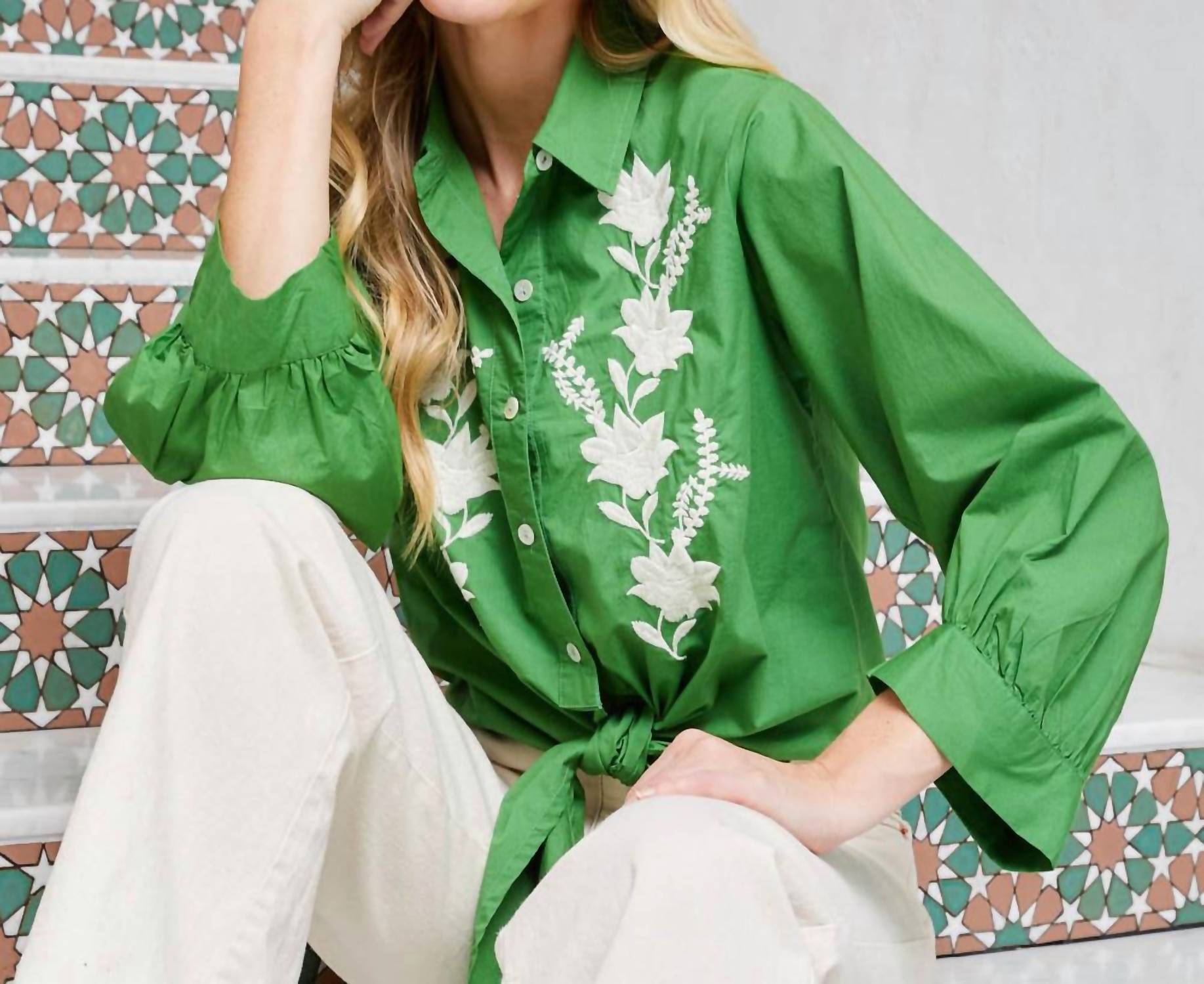 Karen Kane - Blouson Sleeve Embroidered Tie-Front Top