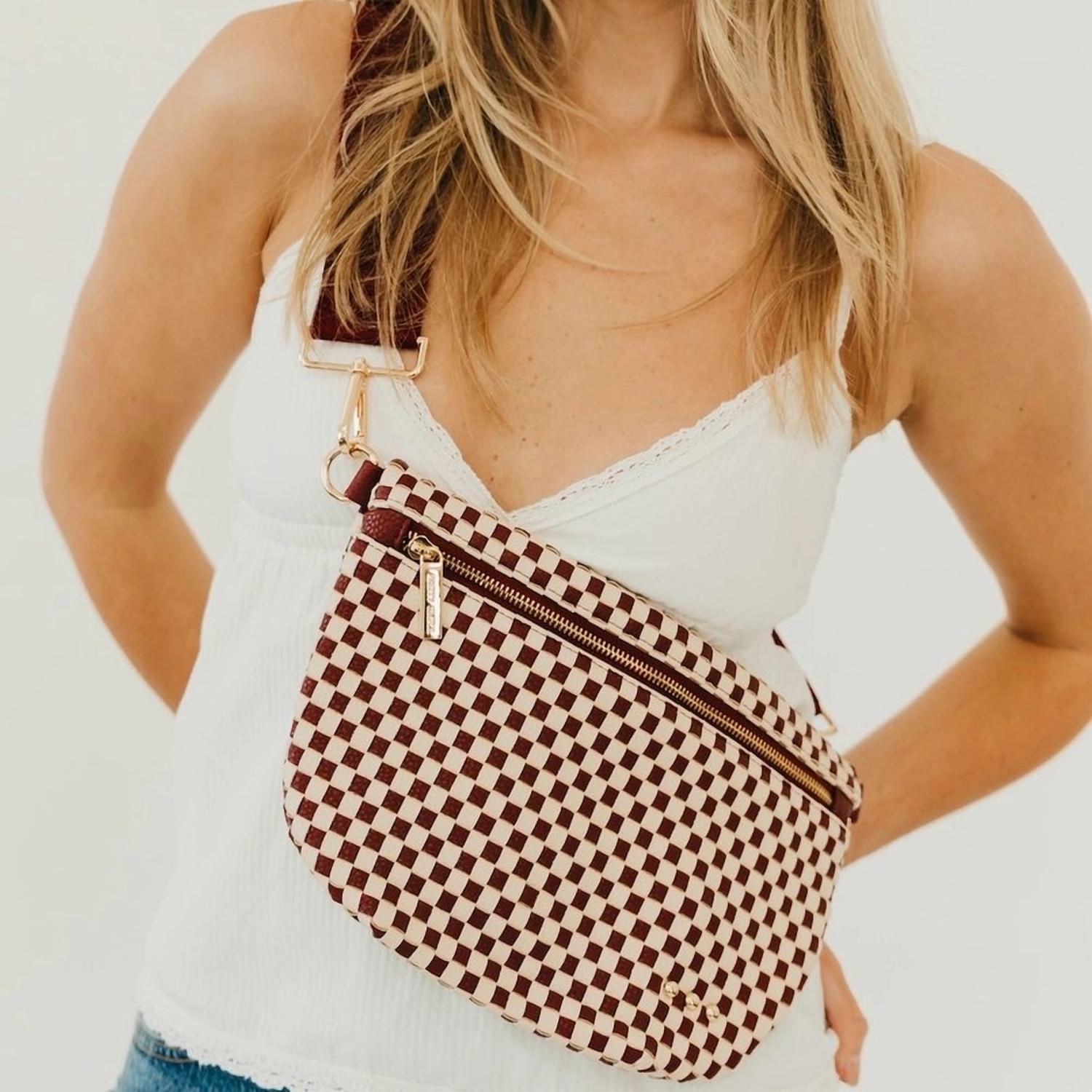 Pretty Simple Women's Woven Crossbody Bag in brown white check - women's bag
