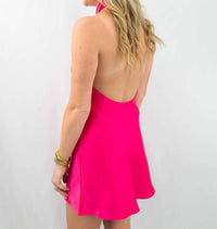 OLIVACEOUS Cross High Neck Satin Dress in hot pink 1 - women's dress - detail view