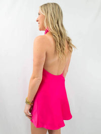 OLIVACEOUS Cross High Neck Satin Dress in hot pink 1 - women's dress - alternate view