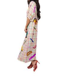 QUEEN OF SPARKLES Teacher Icon Button Up Cotton Midi Dress in rainbow plaid - women's dress - alternate view