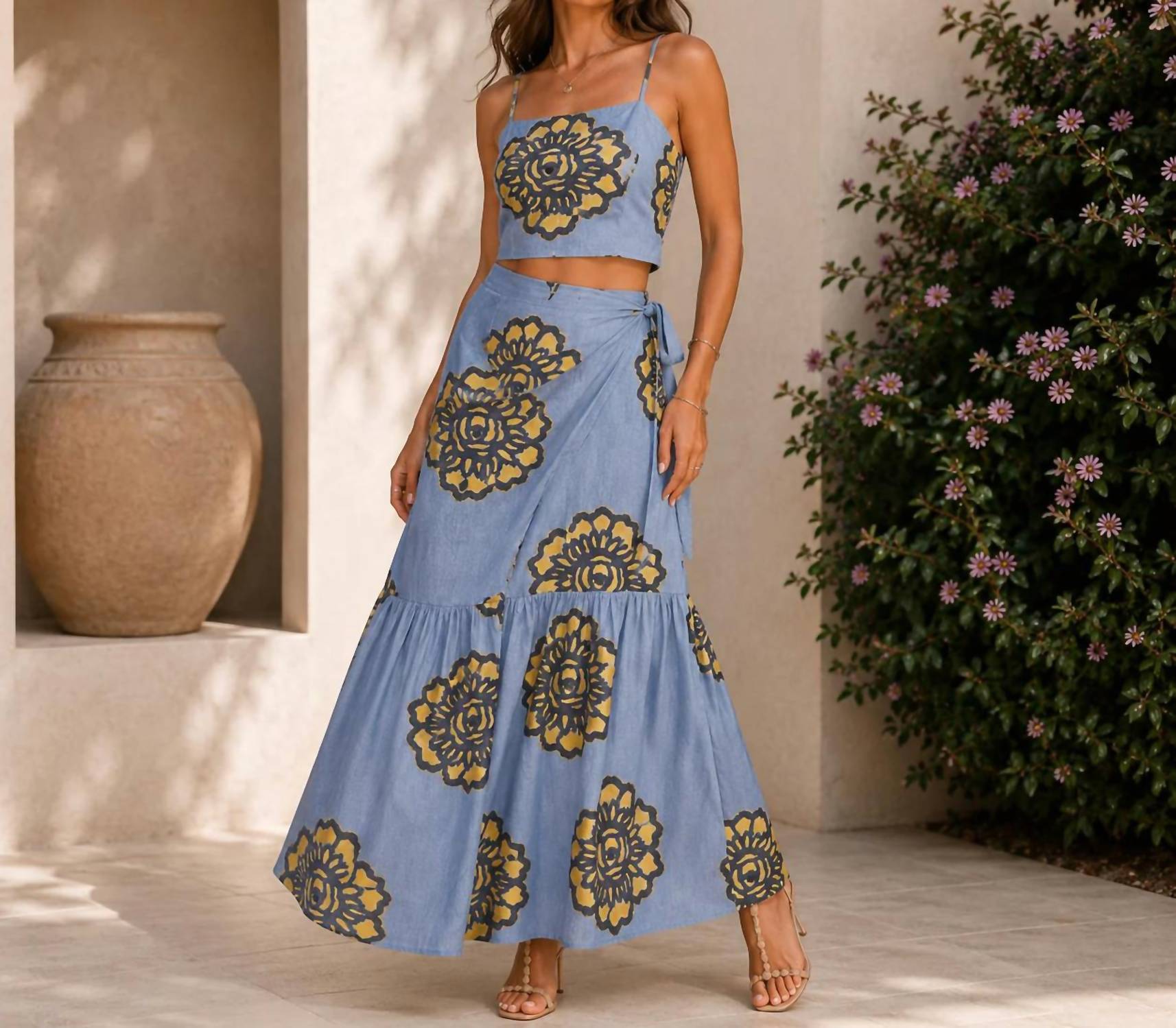Mystery Resort - Azure Bloom Tie Top Maxi Skirt Set