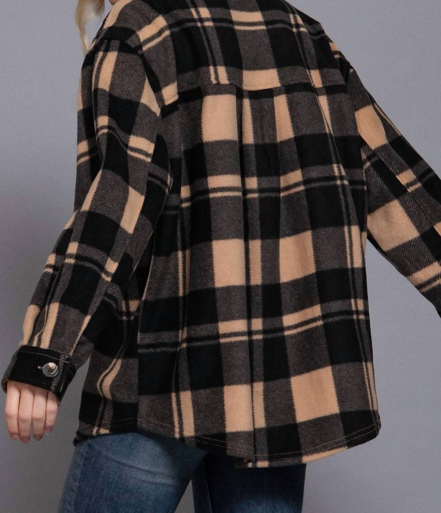 42POPS Women's Check Printed Fleece Shacket in taupe - women's long sleeve top - detail view
