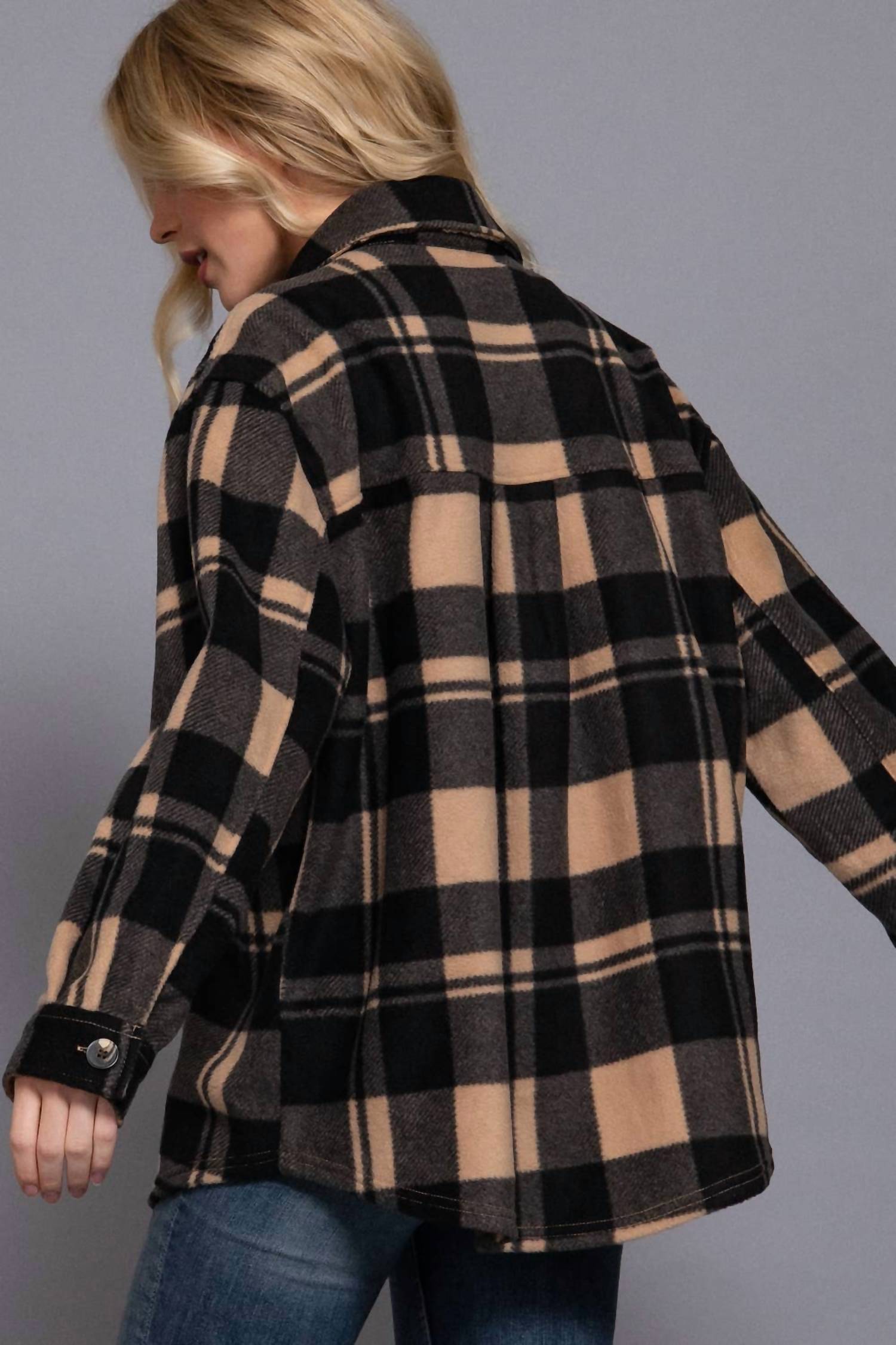 42POPS Women's Check Printed Fleece Shacket in taupe - women's long sleeve top - alternate view