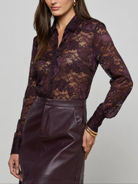 L'Agence Maia Lace Button Down Blouse in dark malbec - women's blouse - alternate view