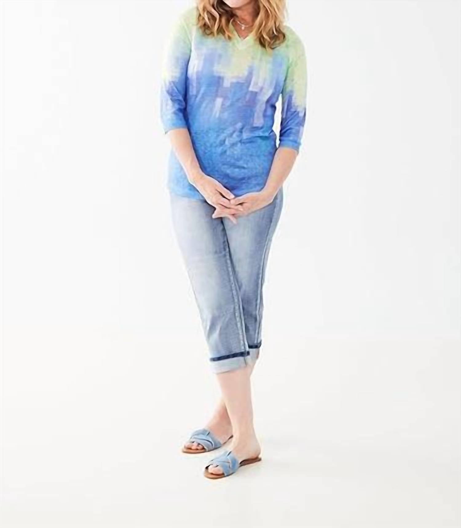 FDJ Nisa Notch Neck Three Quarter Sleeve Jersey Top in mojito gradient - women's shirt - view 4