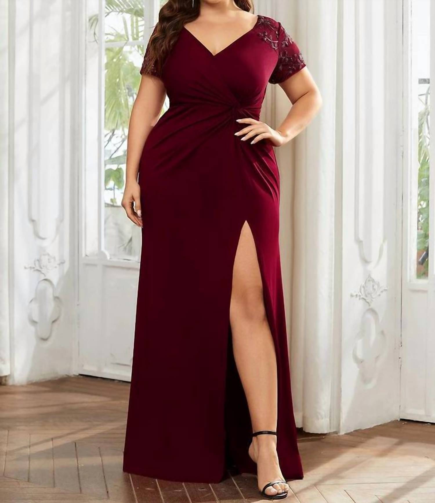Ever-Pretty - Front Slit Short Sleeve With Sequin Mother Of The Bride Dress