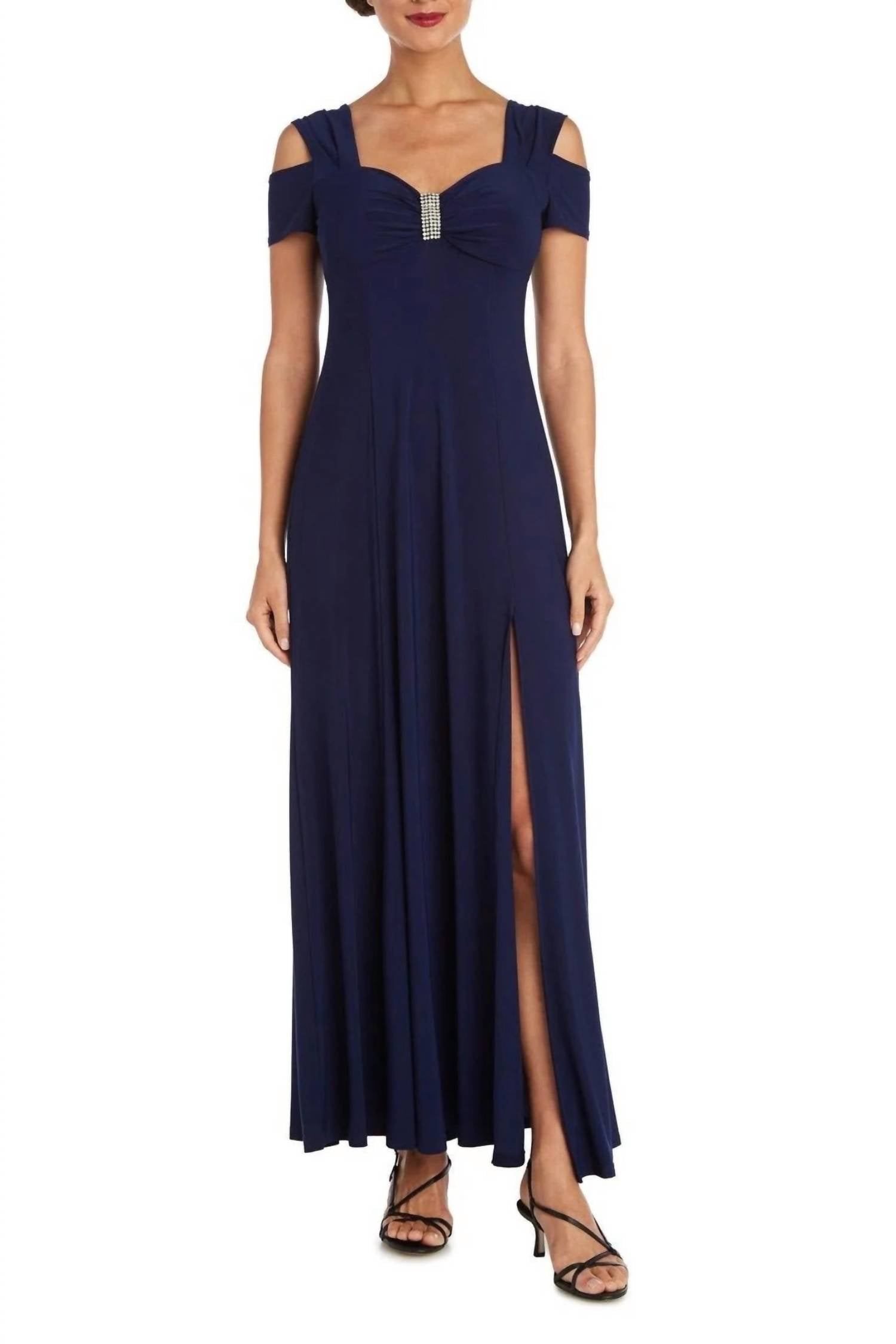 R&M Richards - Embellished Thigh High Slit Maxi Dress