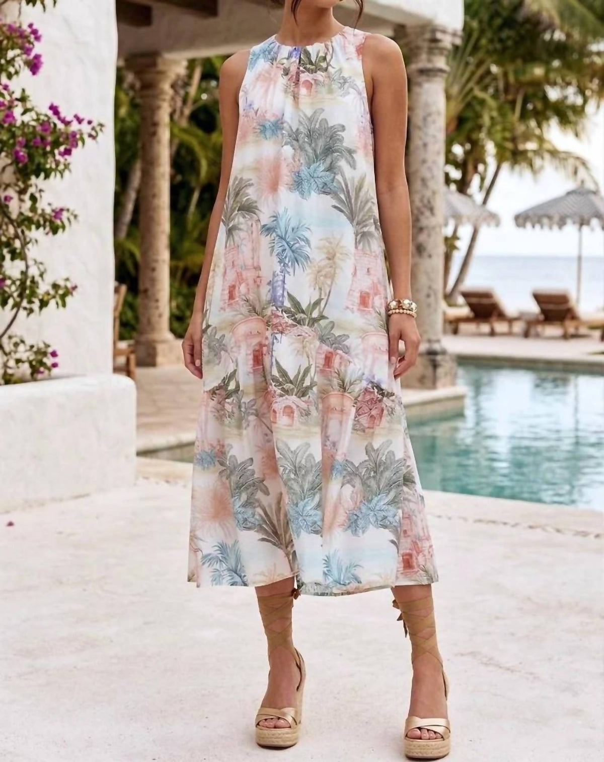 Entro - Island Escape Halter Self-Tie Neckline Midi Dress