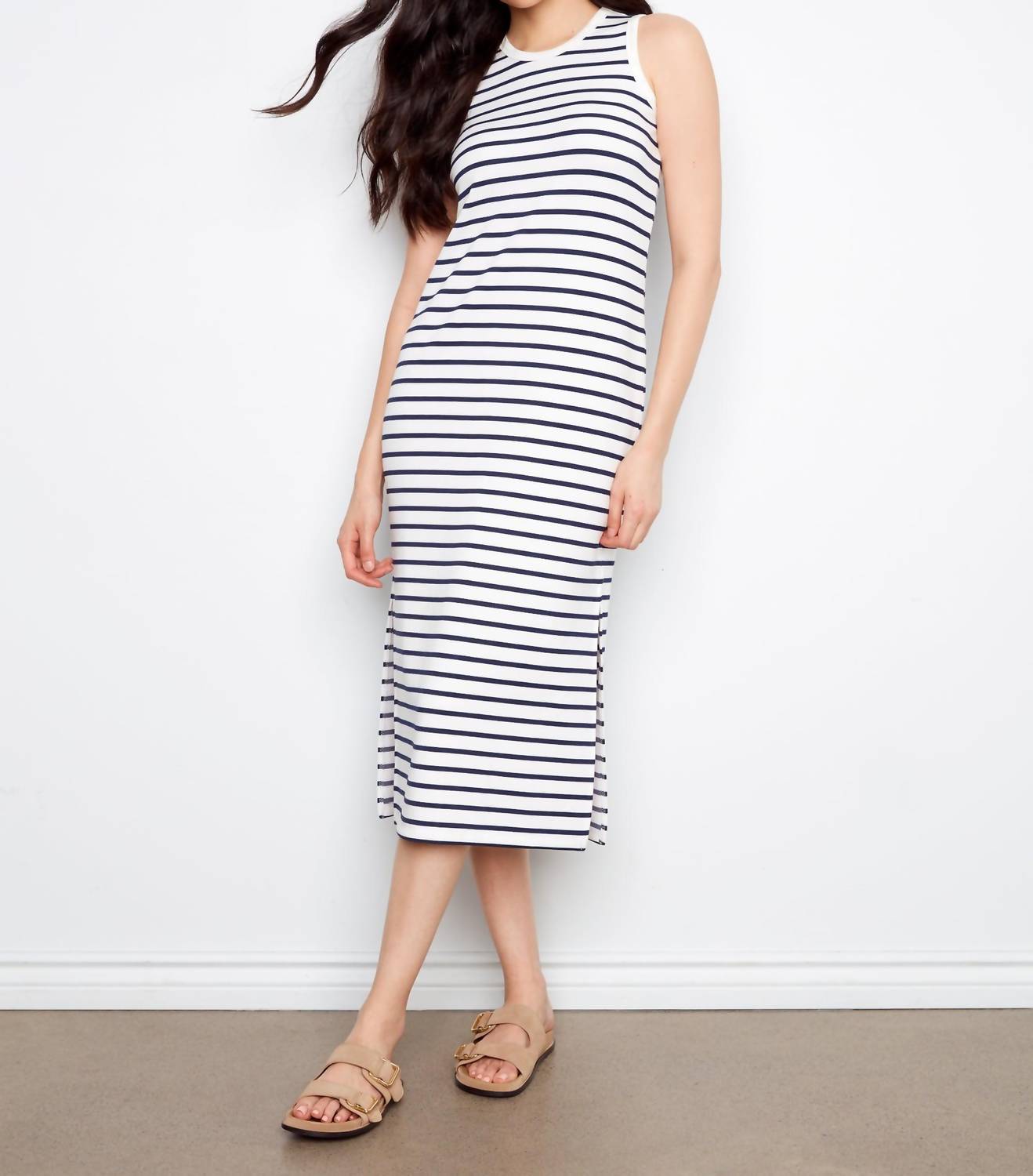 CHARLIE B Scuba Sleeveless Striped Yarn Dye Dress in denim - women's dress