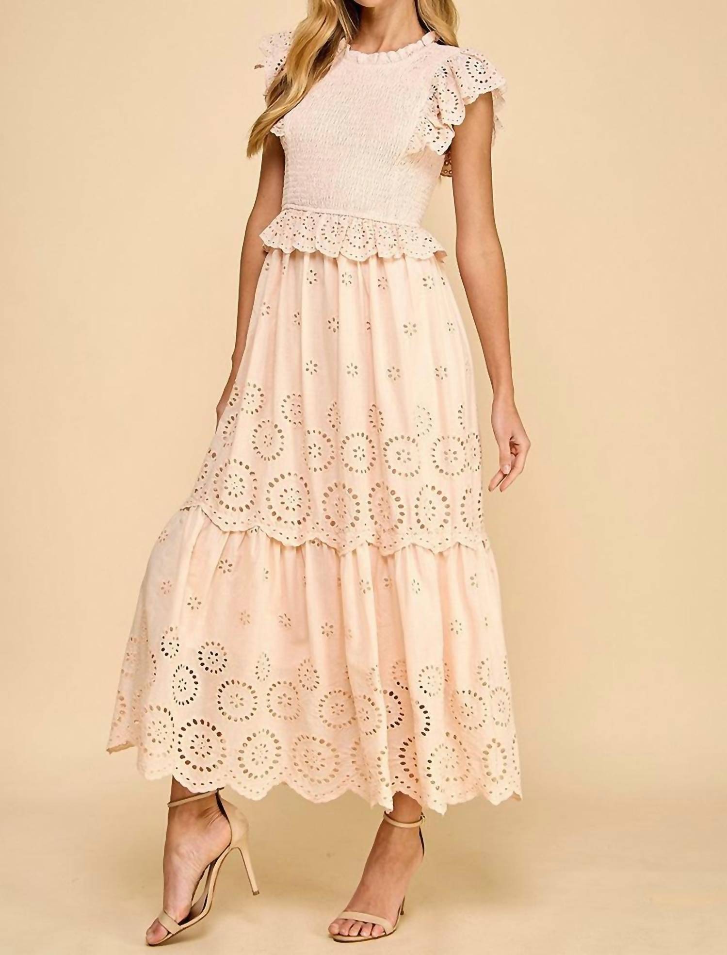 Tcec - Eyelet Lace Scalloped Hem Ruffle Midi Dress