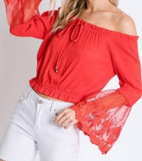 Davi & Dani - Off Shoulder With Sheer Lace Detailed Bell Sleeves Top