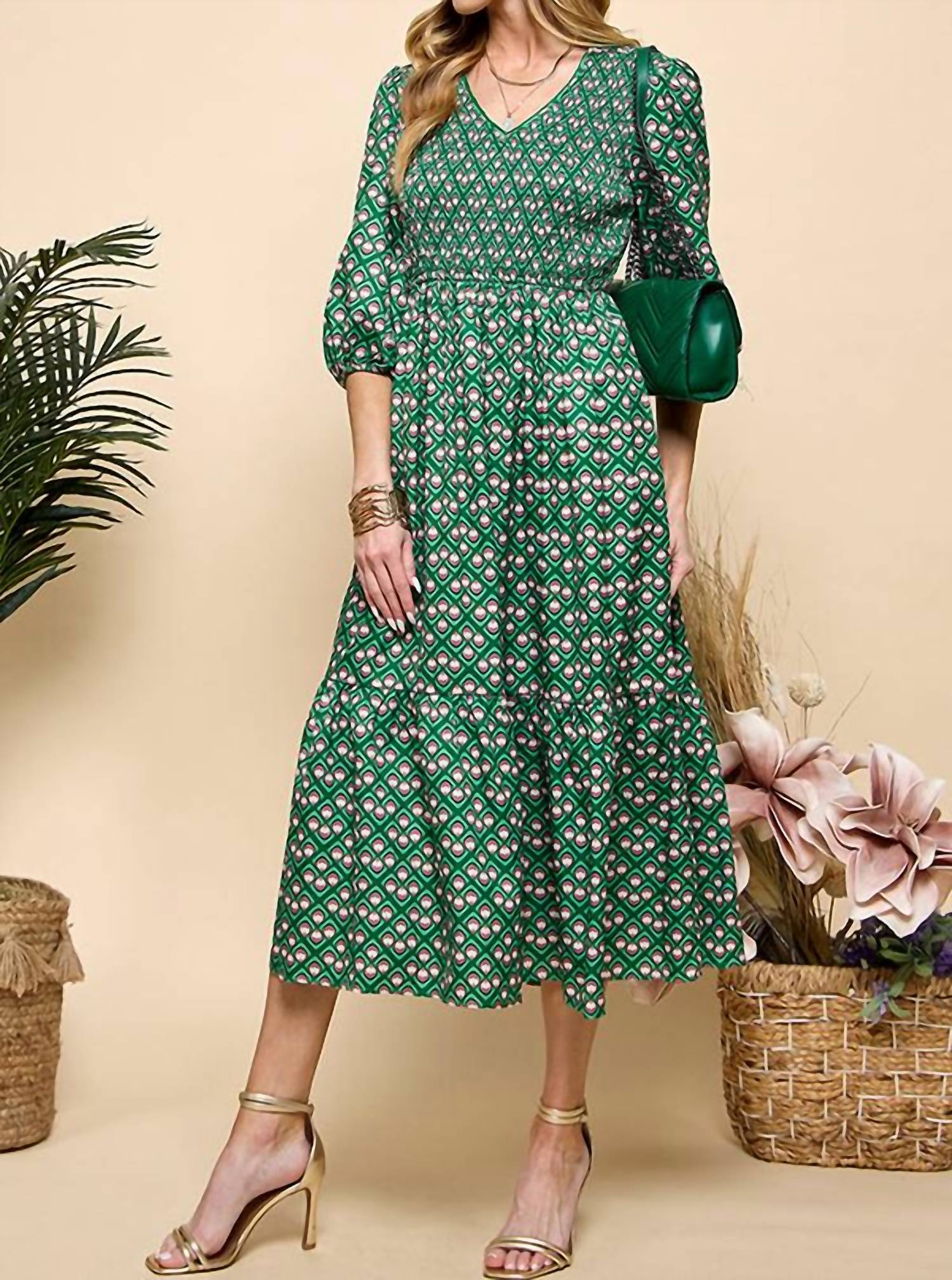 CEZELE Smocked Midi Dress in green - women's dress - alternate view