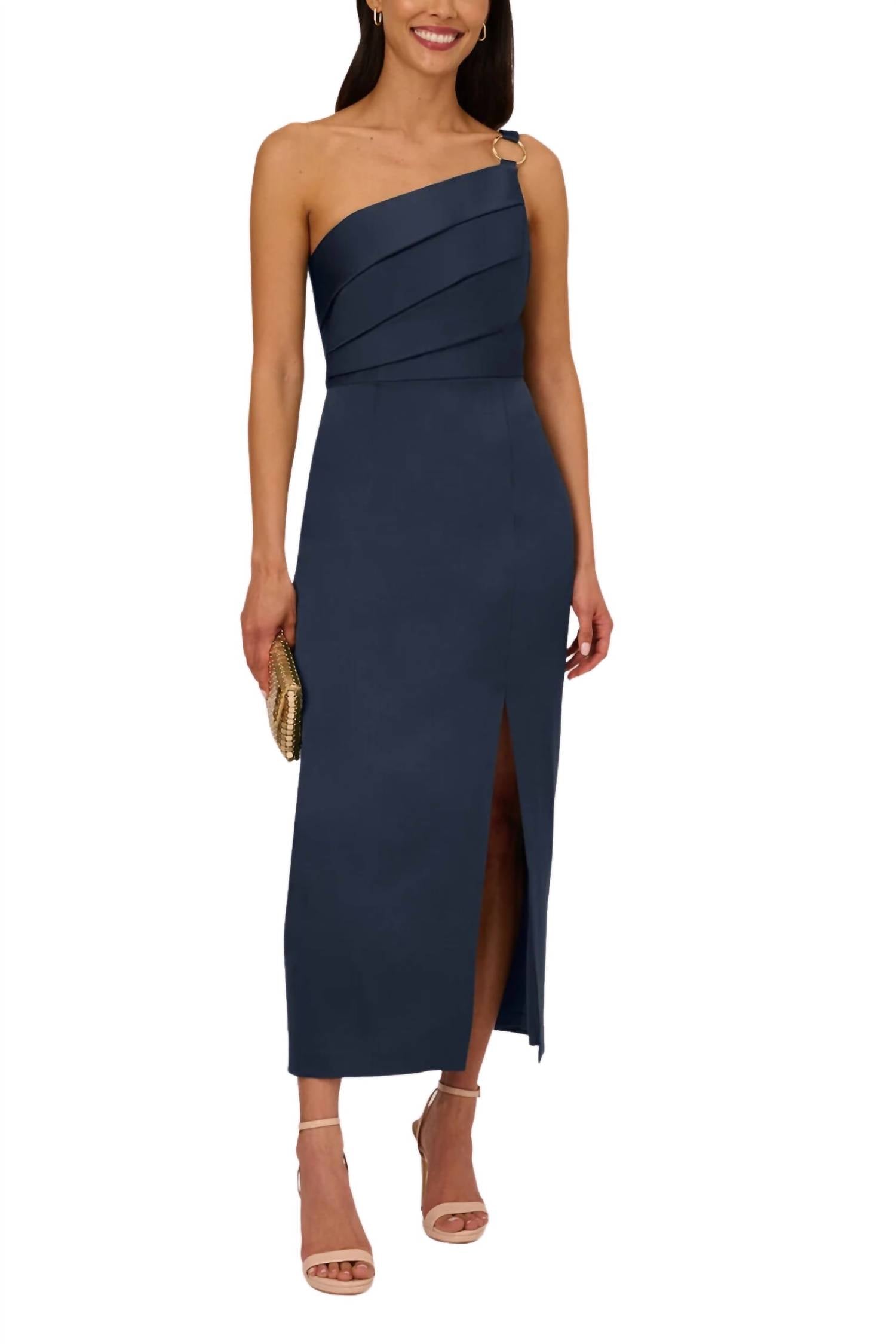 Adrianna Papell - Asymmetrical Neck One Shoulder Satin Crepe Gown