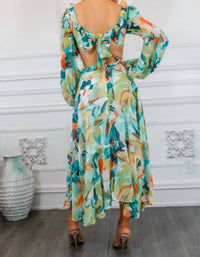 Surelymine - Bubble Sleeves Floral Cut-Out Ruffle Midi Dress