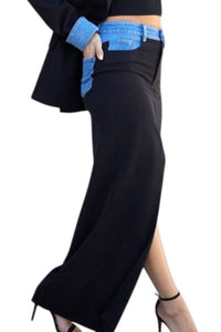 Endless Blu. - Tatiana Skirt With Denim Accents & High Slit