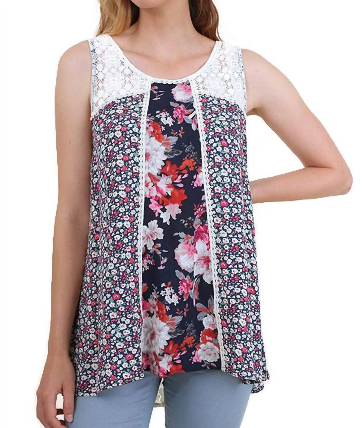 Umgee - Twin Print Lace Sleeveless Top