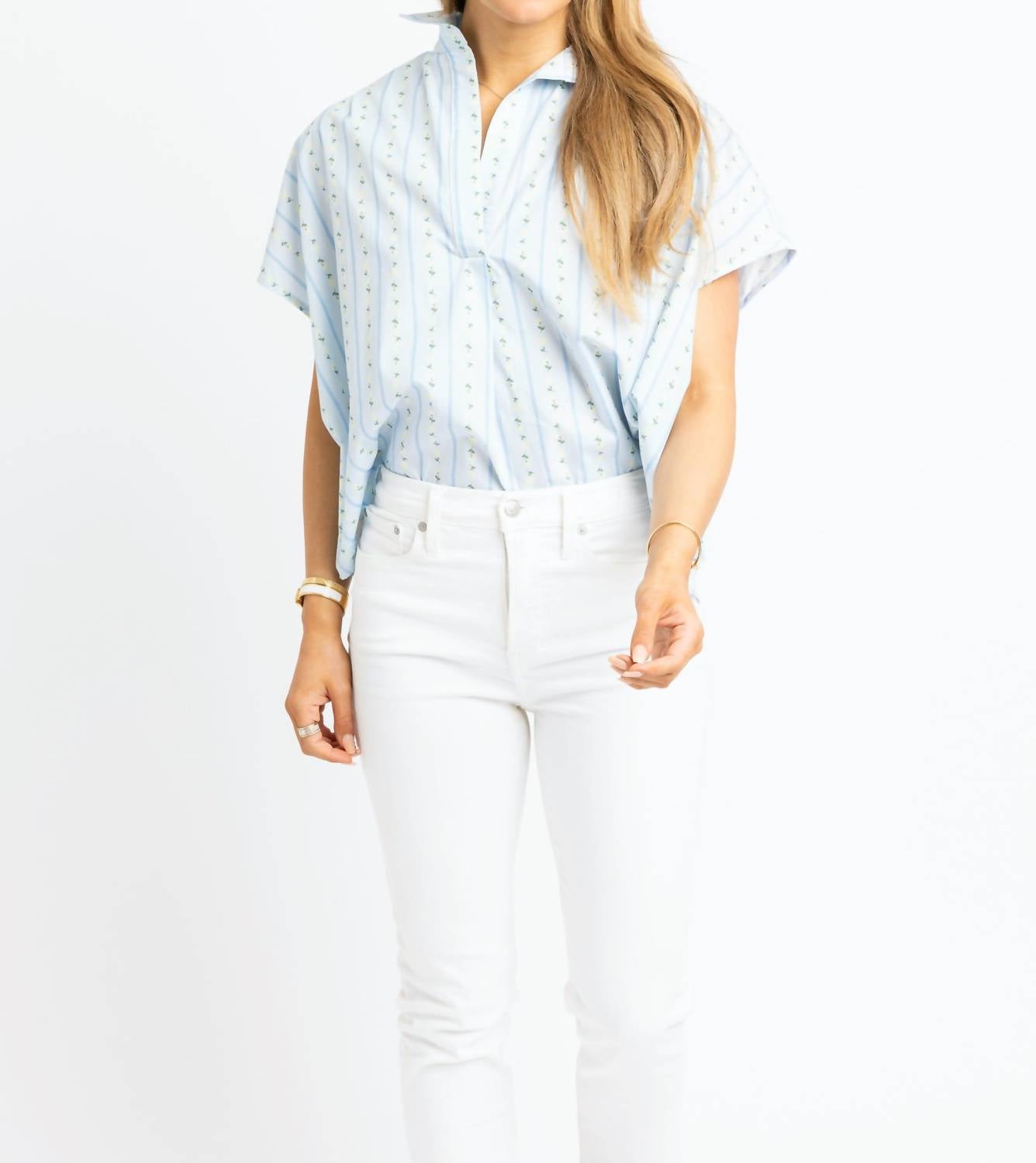 Karlie Floral Stripe V-Neck Collar Top in blue - women's blouse - alternate view