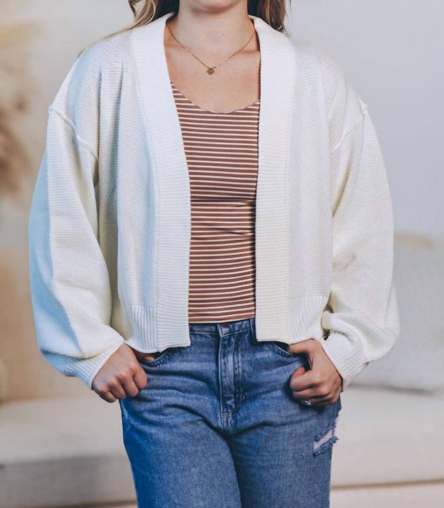 In February Timeless Waffle Cardigan in cream - women's cardigan - detail view