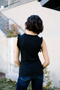 Hayden LA Ruffled Mock Neck Sleeveless Top in black - women's t-shirt - detail view
