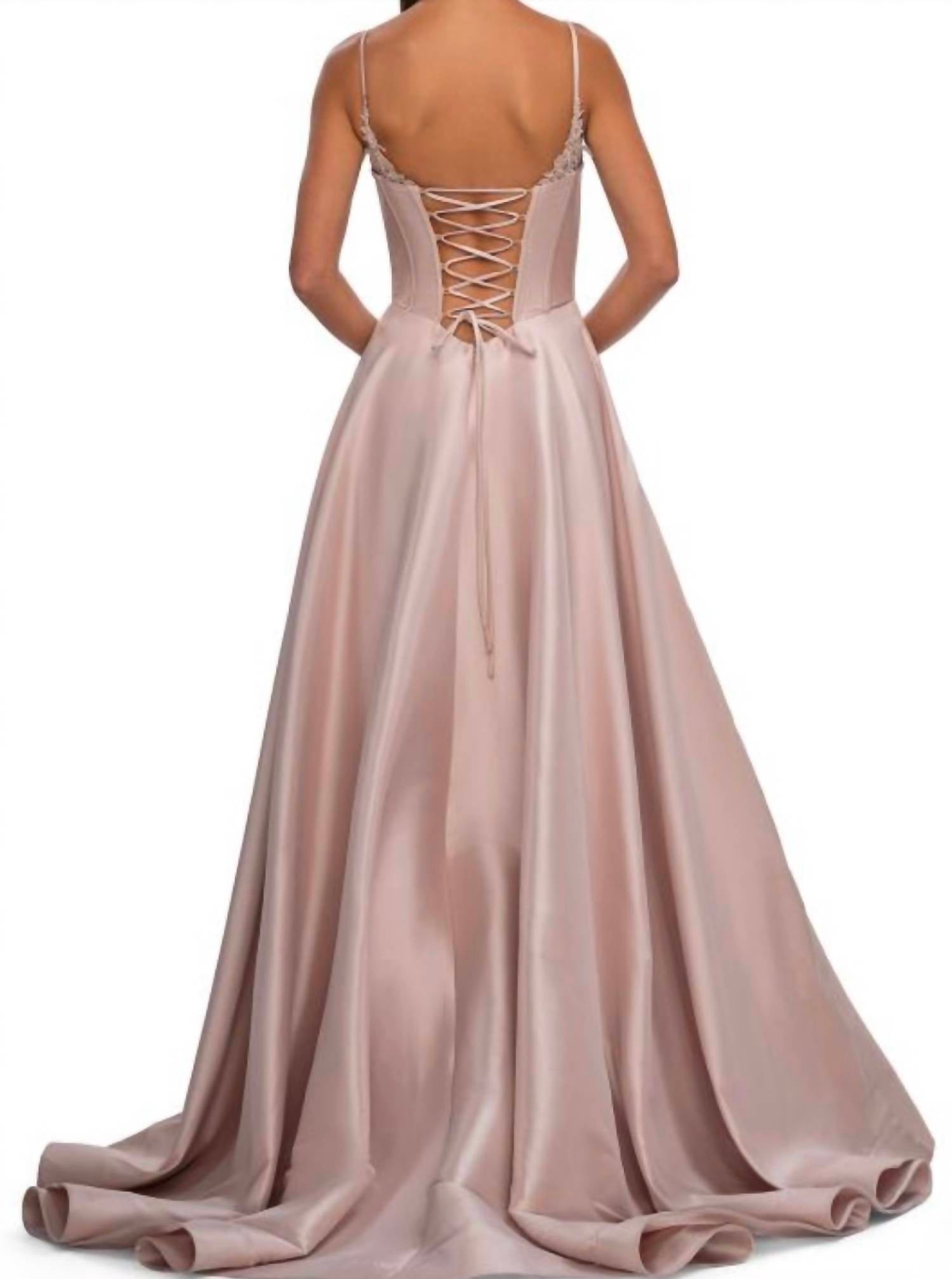 La Femme A-line mikado Gown in champagne - women's dress - detail view